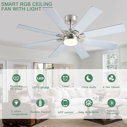 KNUN Nickel 48 Inch Ceiling Fans with Lights and Remote/APP Control, Low Profile Ceiling Fan, 8 Blades，LED Dimmable, Reversible DC Motor, Noiseless, Ceiling Fan for Bedroom Indoor/Outdoor Use