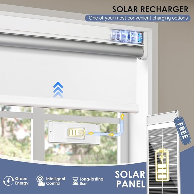 Motorized Blackout Smart Roller Blinds with Remote Control & Solar Panel - Automatic Electric Shades for Windows, Compatible with Alexa - White,31" W*72" H