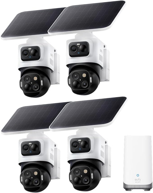 eufy Security eufyCam S4 4-Cam Kit,4K Solar Camera Wireless Outdoor, Triple Lens Bullet-PTZ Cam, 360° View, Cross-Cam Track, Al Recognition, 8X Zoom, Color Night Vision, 0 Monthly Fee, Local Storage