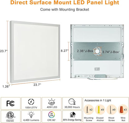 Mcacggo 2x2 FT LED Flat Panel Light Surface Mount Dimmable & 3000K/4000K/5000K in one - 40W 24x24 inch Backlit Flush Mount Ceiling Fixture, Bright 4400LM, 100-277V, ETL Listed, 4-Pack