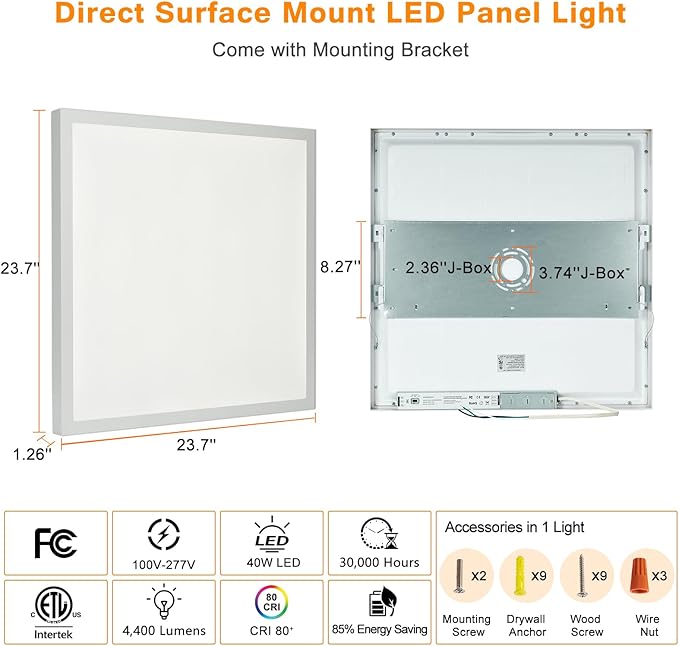 Mcacggo 12-Pack 2x2 FT LED Flat Panel Light Surface Mount, 100-277V, Triac Dimmable & 3000K/4000K/5000K Selectable, 40W Square 24x24 LED Ceiling Light Flush Mount, ETL Listed, White
