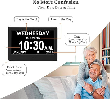 2025 NEW, Digital Clocks, 7'' Dementia Clock with Date and Time for Elderly, Auto-Dimming, 12 Reminders & 6 Alarms, Button & Remote Control, Auto DST, Digital Calendar for Seniors Large Display