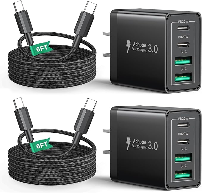 40W USB C Charger Cube, 2Pack 4-Ports Wall Plug Fast Charging Block with 6FT USBC to USBC Cord, Multiport Brick Type C Box Compatible with iPhone 16/15, Samsung S25 S24 S23, iPad, Cellphones Charger
