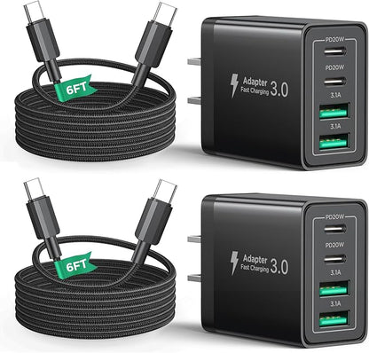 40W USB C Charger Cube, 2Pack 4-Ports Wall Plug Fast Charging Block with 6FT USBC to USBC Cord, Multiport Brick Type C Box Compatible with iPhone 16/15, Samsung S25 S24 S23, iPad, Cellphones Charger