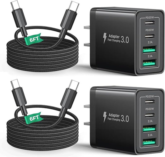 40W USB C Charger Cube, 2Pack 4-Ports Wall Plug Fast Charging Block with 6FT USBC to USBC Cord, Multiport Brick Type C Box Compatible with iPhone 16/15, Samsung S25 S24 S23, iPad, Cellphones Charger