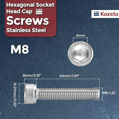 Kozelo 5pcs Socket Head Cap Screws - [M8-1.25 x 40mm] 304 Stainless Steel Allen Socket Drive for Electrical Motor 3D Printing Fan Engine Replacement Use, Silver