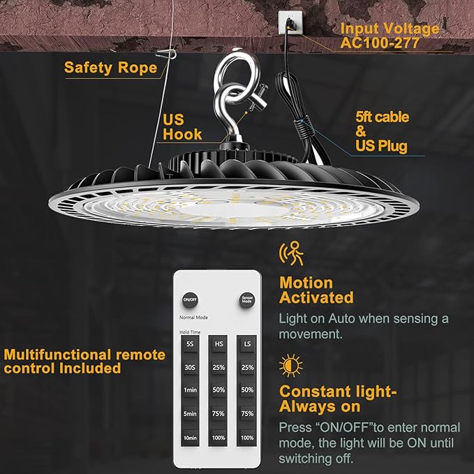 ACOHOOK 250W LED High Bay Light 37500lm Commercial Bay Lighting with Smart Controller Supports Normal Mode & Motion Sensor Mode(Energy Saving) AC100-277V UFO LED High Bay Shop Lights-8Pack