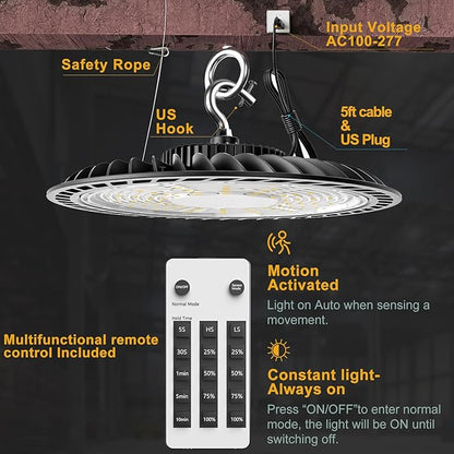 ACOHOOK Smart 200W HIgh Bay LED Lights with Smart Controller Supports Normal Mode & Motion Sensor Mode(Energy Saving) ETL Listed UFO Lights for 25-35FT Warehouse-8Pack