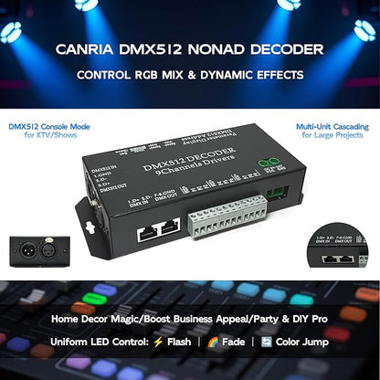 CANRIA 9 Channel DMX512 Decoder LED Controller, DC 5V-24V 5A/CH, RGB RGBW LED Lighting Driver, for Stage/Architectural/Event Lights, 4-Digit Display