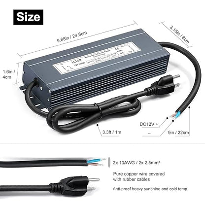 LLTOP LED Driver 300 Watts Waterproof IP67 Power Supply 90-130V AC to 12V DC 25A Low Voltage Transformer Converter Power Adapter for Indoor Outdoor LED Lights