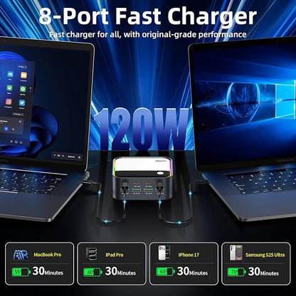 120W GaN USB C Charger Block Fast Charging, MultiPort USB Charging Station with Rainbow Gradient Light & LED Display for iPhone, Samsung Galaxy, iPad, Tablet, Laptop, Drones, Headphones