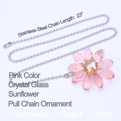LEFERS Ceiling Fan Pull Chain, 2 Pieces 1.8" Crystal Glass Flower Pendants with 24" Ceiling Fan Chain Extender and Connector (Pink)
