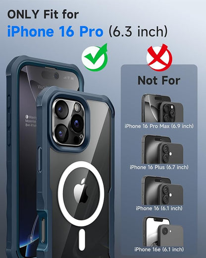 seacosmo for iPhone 16 Pro Case, Full Body Bumper with Built-in 9H Tempered Glass Privacy Screen Protector and Camera Lens Protector, Compatible with MagSafe, Shockproof Phone Cover, 6.3", Blue