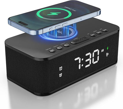 Fansbe Direct Digital Alarm Clock White Noise, Loud Digital Alarm Clocks Bedrooms, Alarm Clock Speaker Wireless Charger AUX USB Bluetooth Speaker 12/24H Dual Alarm Snooze Adjustable Brightness, Black