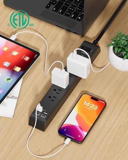 2 Pack Surge Protector Power Strip with 6 Outlets 4 USB Ports (2 USB C) 15-Foot Extension Cord Flat Plug 900 Joules 15A Circuit Breaker Wall Mount Desk USB Charging Station for Home Office