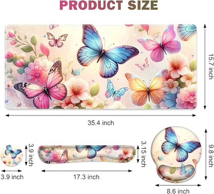 Gaming Mouse Pad, Large Desk Mat, Cute Desk Pad Protector, 4in1 XXL Mousepad + Keyboard Wrist Rest+Mouse Wrist Rest+Coaster Set with Ergonomic Desk Pad for Home Office PC Computer, Butterflies Flowers