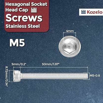 Kozelo 25pcs Socket Head Cap Screws - [M5-0.8 x 50mm] 304 Stainless Steel Allen Socket Drive for Electrical Motor 3D Printing Fan Engine Replacement Use, Silver