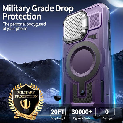 Camera Stand Case for iPhone 14 Plus, [Compatible with Mag Safe] [Lens Cover] 2024 Version Military Grade Protective Soft Case for iPhone 14 Plus 6.7 inch Men Women, Purple