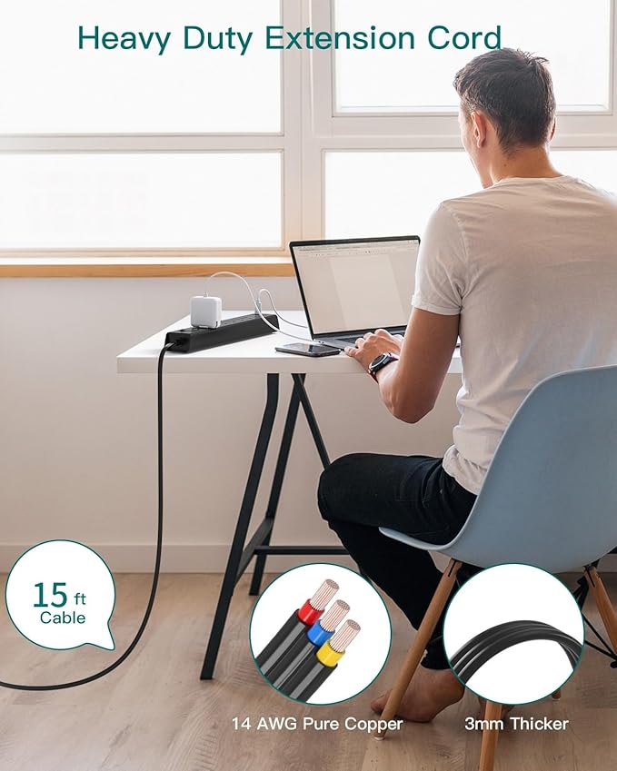 15Ft Extension Cord - Addtam Long Cord Power Strip with 6 AC Outlets and 4 USB Ports(2USB C), Wall Mount with Surge Protection, Multi Plug Outlets for Home Office College Dorm Room Essentials