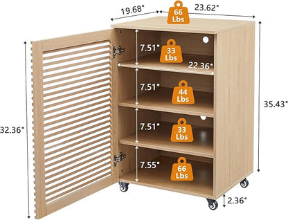 LEVNARY 5-Tier AV Media Cabinet with Grille Door & Adjustable Shelves, Modern Wooden Stereo Rack with Cable Management & Wheels, Audio Video Stand for Living Gaming Room Recording Studio (Natural)