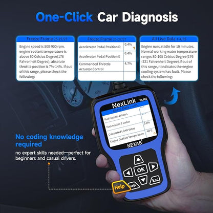 NEXAS NL101 OBD2 Scanner with Battery Tester - Check Engine Code Reader, Car Diagnostic Scanner with Live Data, Freeze Frame, I/M Readiness for All US Vehicles Since 1996