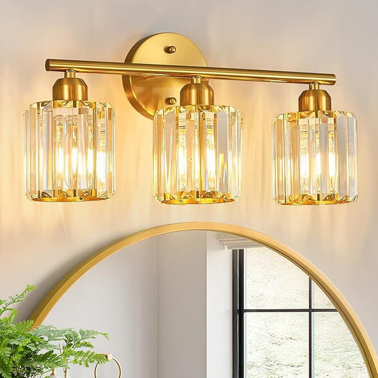 FDPBY Modern 3 Light Crystal Vanity Light, Brushed Gold Vertical Bathroom Light Fixture Over Mirror for Dressing Table Sink, Compatible with Dimmable Bulbs (Bulbs Not Included)