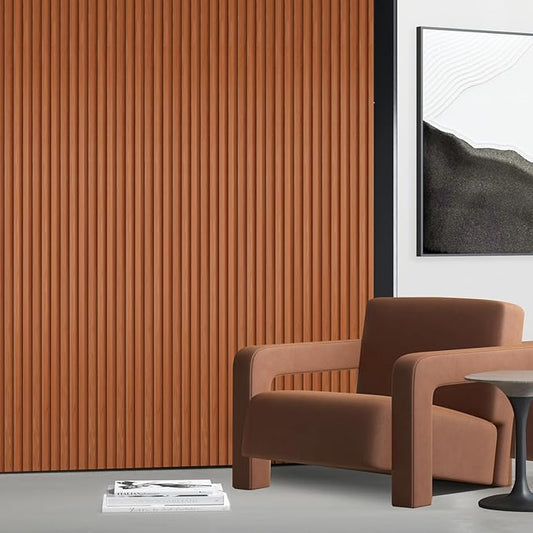 OUZUGIE WPC Acoustic Slat Wall Paneling, 8-Pack 96 x 6 Inches 3D Wall Panels for Interior Wall Decor,Living Room,TV Background,Study Room,Office Spaces,Bedroom,Low Grille (Teak)