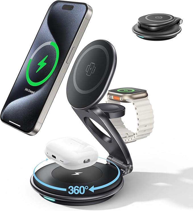 EXW Travel Charging Station for Magsafe Charger,Wireless Charging Station for Apple Multiple Devices,Magnetic Foldable Charger for iPhone 16-12 Series for Apple Watch & AirPods(30W Charger Included)