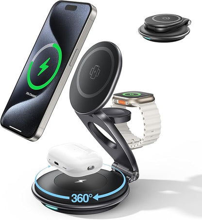 EXW Travel Charging Station for Magsafe Charger,Wireless Charging Station for Apple Multiple Devices,Magnetic Foldable Charger for iPhone 16-12 Series for Apple Watch & AirPods(30W Charger Included)