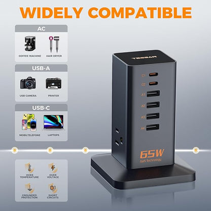 USB Charging Station for Multiple Devices 10Ft Cord, TESSAN 9-in-1 USB C Charger Block PD 65W for iPhone 17/16, MacBook, Tablet, Type C Desktop Charger with 3 AC, Home Travel Office Accessories