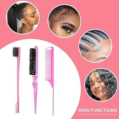 3 Pieces Hair Styling Comb Set Teasing Brush Rat Tail Comb Edge Brush for Edge&Back Brushing, Combing, Slicking Hair for Women (Pink)