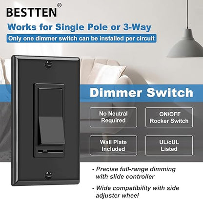 BESTTEN 6 Pack Dimmer Wall Light Switch, Compatible with Dimmable LED, CFL, Incandescent and Halogen Bulb, Single Pole or 3-Way Dimmer Switches, 120VAC, Decorator Wall Plate Included, Black