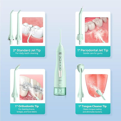 COSLUS Water Dental Flosser Teeth Pick: Portable Cordless Oral Irrigator 300ML Rechargeable Travel Irrigation Cleaner IPX7 Waterproof Electric Flossing Machine for Teeth Cleaning C20(F5020E) Green