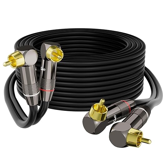 Right Angle RCA Cable 20 FT, 90 Degree 2RCA to 2RCA Stereo Audio Cable, Zinc Alloy Shell, Gold-Plated Plug, 2 RCA Audio Cord, for Home Theater, Subwoofer, HDTV, Amplifier, Hi-Fi System, Car, Speaker