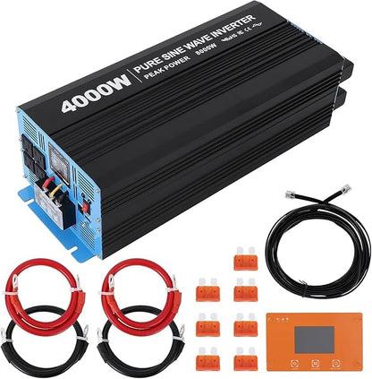 4000W Pure Sine Wave Inverter, 1 USB Port 5v/3.4a,LCD Display&Remote Controller for Home, RV, Truck