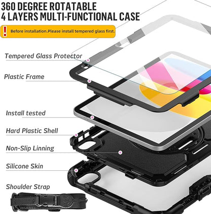 BLOSOMEET Case for iPad A16 11th/10th Generation 11''/10.9'' 2025/2022 with Tempered Glass Screen Protector & Pencil Holder, Rugged Military Grade Cover w/Stand Hand Shoulder Strap, Black