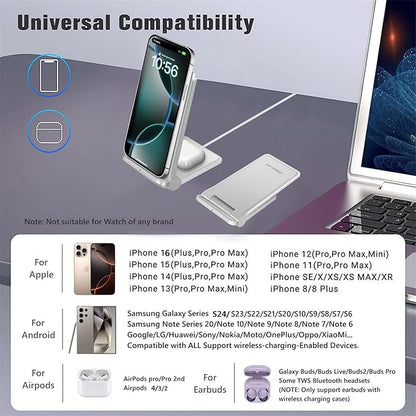 2 in 1 Wireless Charger,Foldable 20W Fast Wireless Charging Stand Compatible with iPhone 16/16 Pro/15/14/13/12/X/AirPods,Dual Phone Induction Charge Station for Samsung,Pixel,Xperia,LG(No Plug)