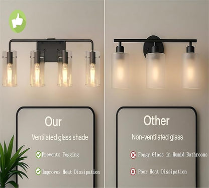 L LOHAS LED 4-Light Bathroom Light Fixtures, 26.37" Black Bathroom Vanity Light with Straight Glass Shades, Modern Vanity Lights for Mirror Living Room Hallway, E26, ETL Listed