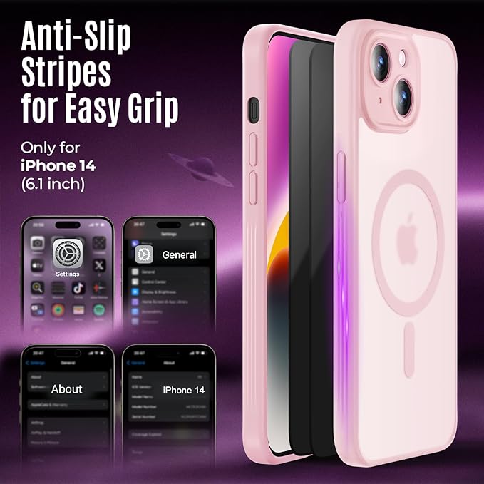 Designed for iPhone 14 Case, Compatible with MagSafe, with Privacy Screen Protectors X2, [Camera Protection] [15FT Military Drop Protection] Shockproof Phone Case, 6.1", Pink