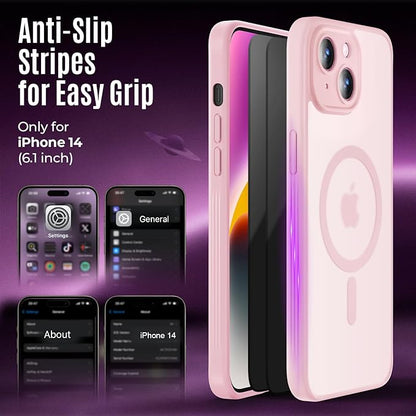 Designed for iPhone 14 Case, Compatible with MagSafe, with Privacy Screen Protectors X2, [Camera Protection] [15FT Military Drop Protection] Shockproof Phone Case, 6.1", Pink