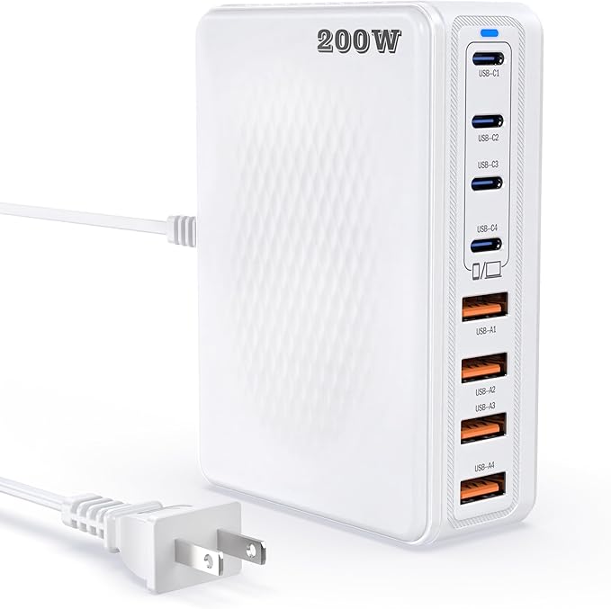 200W GaN III 8-Ports USB C Fast Charger, Type C Block, QC4.0 Fast Phone Charging Station Hub PD 65W Charger Power Adapter for iPad/Air/Pro iPhone 16/15 MacBook Pro/Air, Galaxy Phones, Tablet