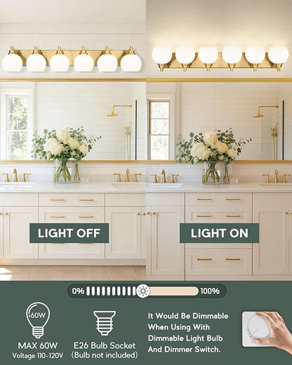 METWET Bathroom Light Fixtures, 6-Light Brushed Gold Bathroom Vanity Lights Over Mirror with Globe Milk White Glass Shade, 38 Inch Modern Vanity Lighting Fixtures, VL195-BG-ML-6