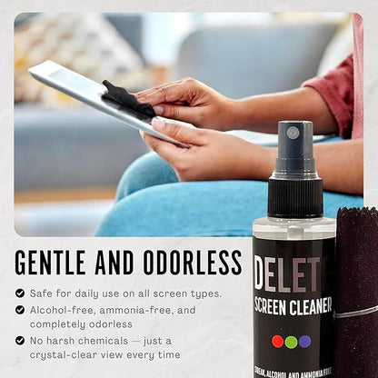 Delete Screen Cleaner Spray Kit, 2 Pack, 2oz Bottle and 2x 6"x6" Microfiber Cleaning Cloth, Streak-Free, Safe and Gentle Formula, Multi-Purpose for Travel, Small TVs, Cameras, Laptops, Phones