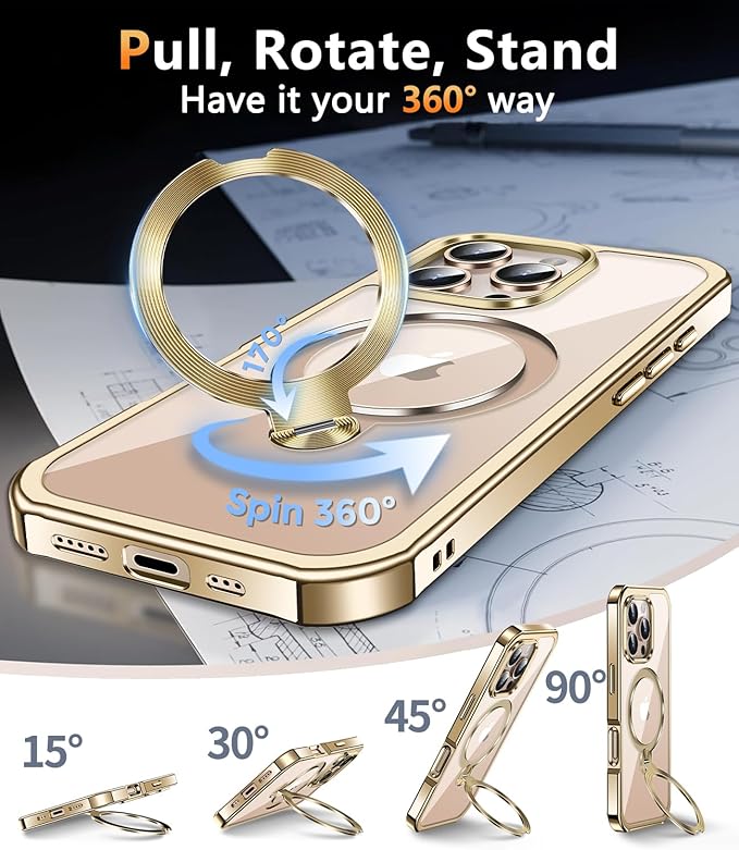 [360° Rotatable CD Stand & Built-in Privacy Screen Magnetic Case for iPhone 16 Pro [Compatible with MagSafe & Full Signal] Mil-Grade Shockproof Full Body Anti-Spy Cover for 16 Pro-Gold