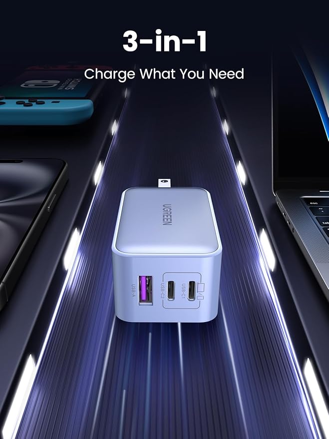 UGREEN 65W USB C Charger Block, Nexode 3-Port GaN Fast Type C Charger, Compact Foldable Power Adapter for MacBook Pro/Air, Dell XPS, iPhone 16/15, iPad Pro, Galaxy S25, (Glacier Blue)