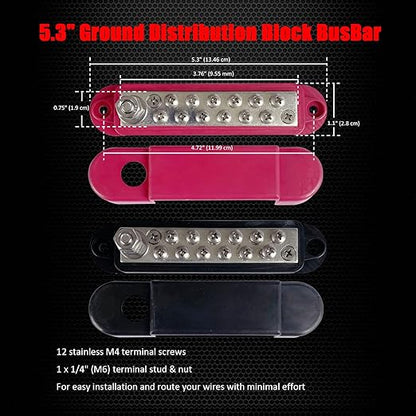1/4" Stud Power Distribution Block Bus Bar with 12 x #8 Screws, Ampper 5.3" 12V 150A Marine BusBar Battery Distribution Block Kit W/Cover for Car Boat Solar (Red & Black)