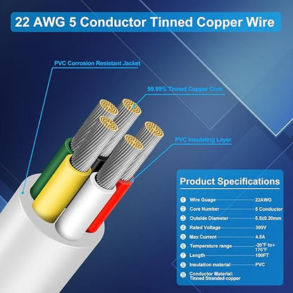 22 Gauge 5 Conductor Electrical Wire, 100FT Low Voltage 22/5 Tinned Copper Stranded 5 Wire Cable, 22 AWG White Flexible Extension Power Cord for Sprinkler, Thermostat, Speaker, Irrigation, Automotive
