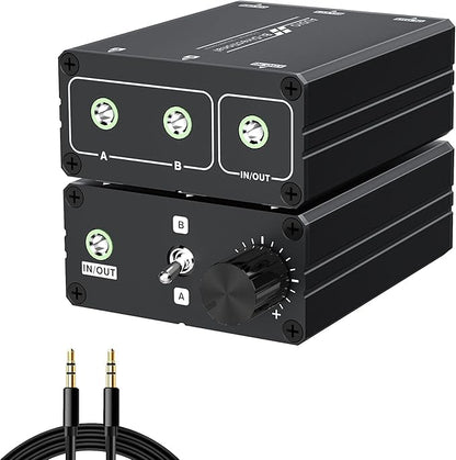 3.5mm Stereo Audio Switcher (2 in 2 Output / 2 in 2 Output) with 3.5mm Audio Cable, 2 Ports AUX Audio Speaker Selector for PC Mobile Laptop Headphones