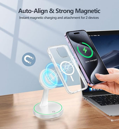2 Pack Magnetic Wireless Charger Stand 15W Fast Mag-Safe Charger for iPhone 16/16 Pro/16 Plus/16 Pro Max/15/14/13/12 Series Magnet Wireless Charging Station/Pad with Sleep-Friendly Light for AirPods
