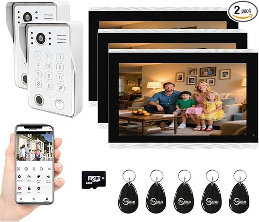 Wired Video Door Phone Kit Apartment Intercom System,10 Inch Touch Screen Monitor(Silver)with 1080P HD Doorbell Camera,Supporting Motion Detecting 5 in 1 Unlcking (2 Doorbell + 3 Monitor)